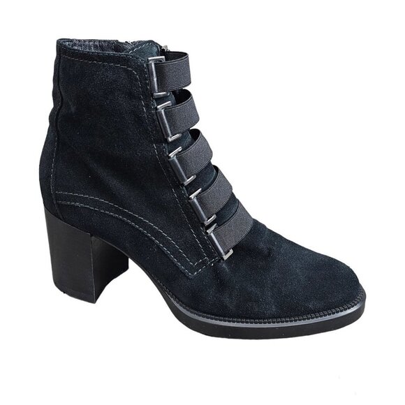 Aquatalia Indira Buckle Ankle Waterproof Black Suede Chunky Block Heel Boots - Picture 1 of 14